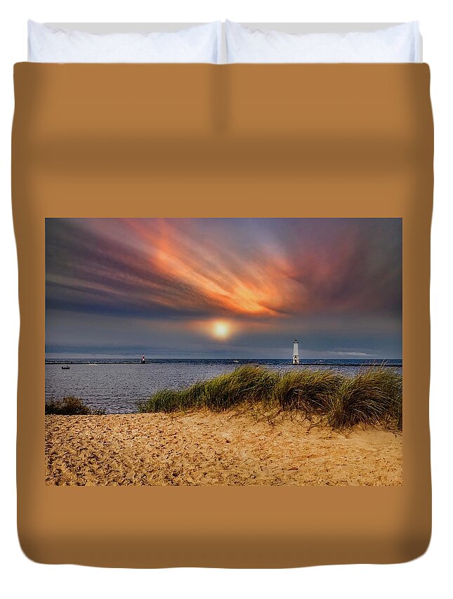 Northernmichigan Duvet Cover featuring the photograph Sunset at Betsie Harbor Entrance IMG_3653 by Michael Thomas