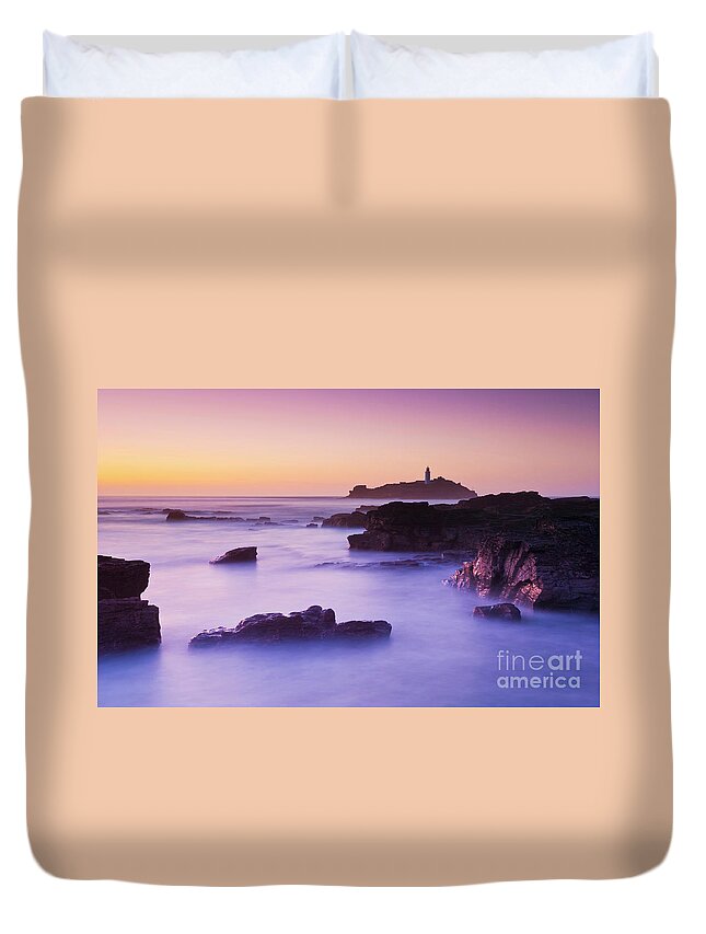 Godrevy Lighthouse Cornwall Duvet Cover featuring the photograph Sunset at Godrevy lighthouse, Cornwall, England by Neale And Judith Clark
