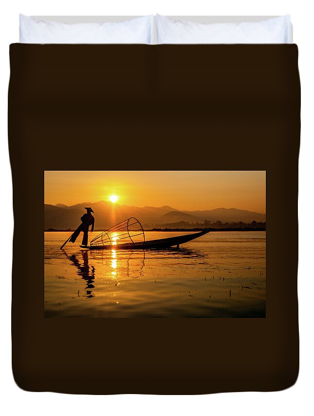 Inlelake Duvet Cover featuring the photograph Sunset at Inle Lake by Arj Munoz