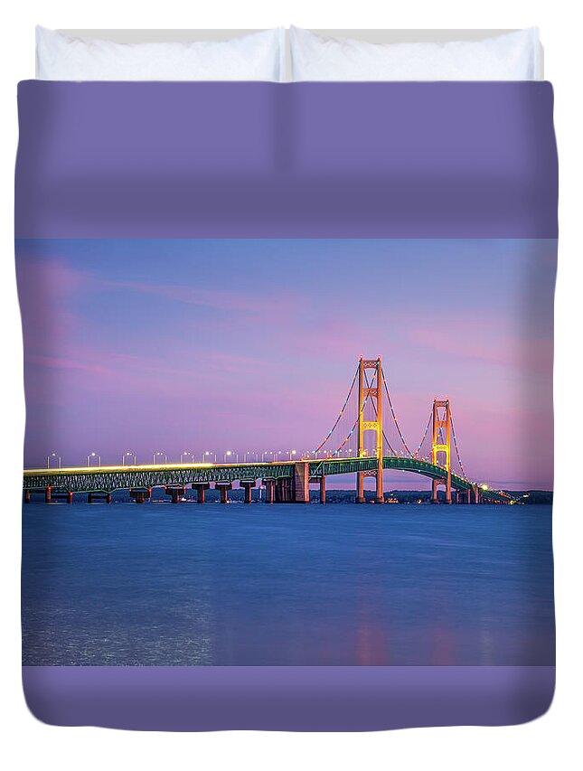 Bridge Duvet Cover featuring the digital art Sunset at Mackinac Bridge by Kevin McClish