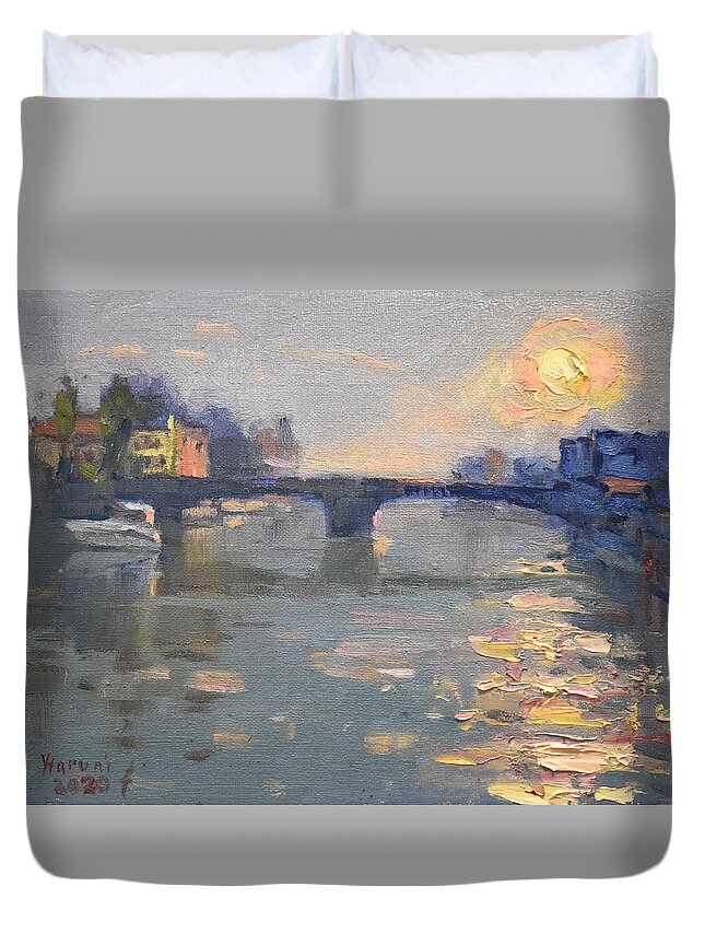 Sunset Duvet Cover featuring the painting Sunset at North Tonawanda Bridge by Ylli Haruni