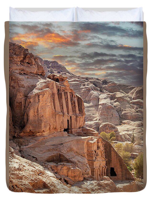 Petra Duvet Cover featuring the photograph Sunset at the lost city of Petra, Jordan. Amazing buildings are carved out of the pink rock and the Rose City dates to around 300 BC by Jane Rix