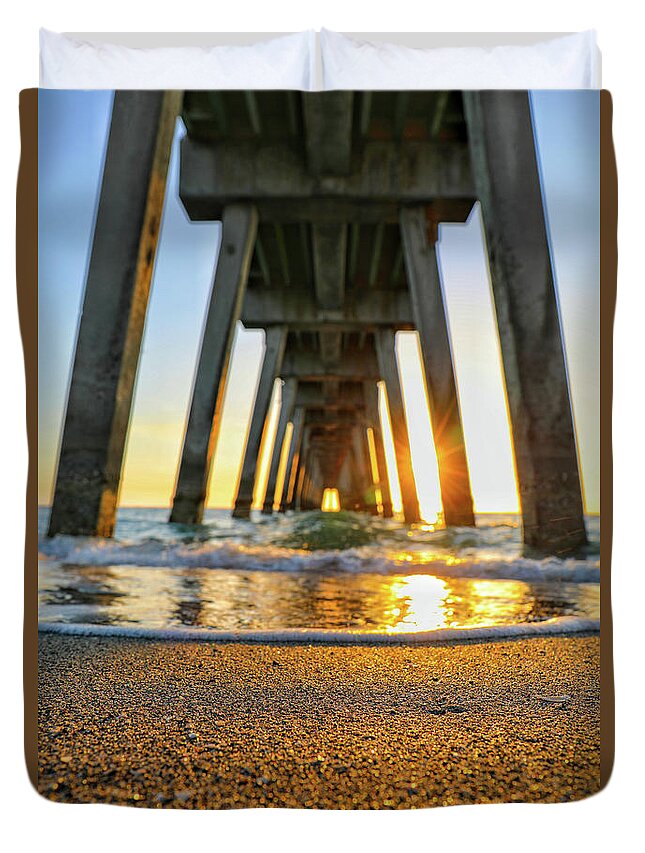 Mountain Duvet Cover featuring the photograph Sunset at the Pier by Go and Flow Photos