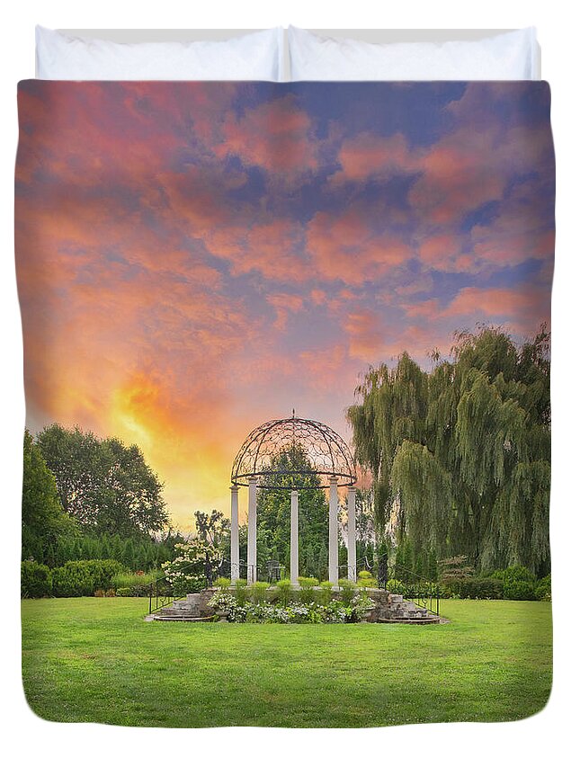 August Garden Duvet Cover featuring the photograph Sunset at the Temple of Love by Marilyn Cornwell