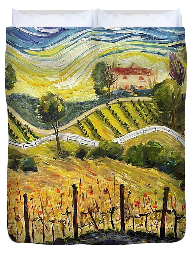 Sunset Duvet Cover featuring the painting Sunset at the Villa by Roxy Rich