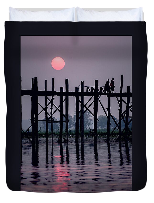 Mandalay Duvet Cover featuring the photograph Sunset at U-Bein Bridge by Arj Munoz