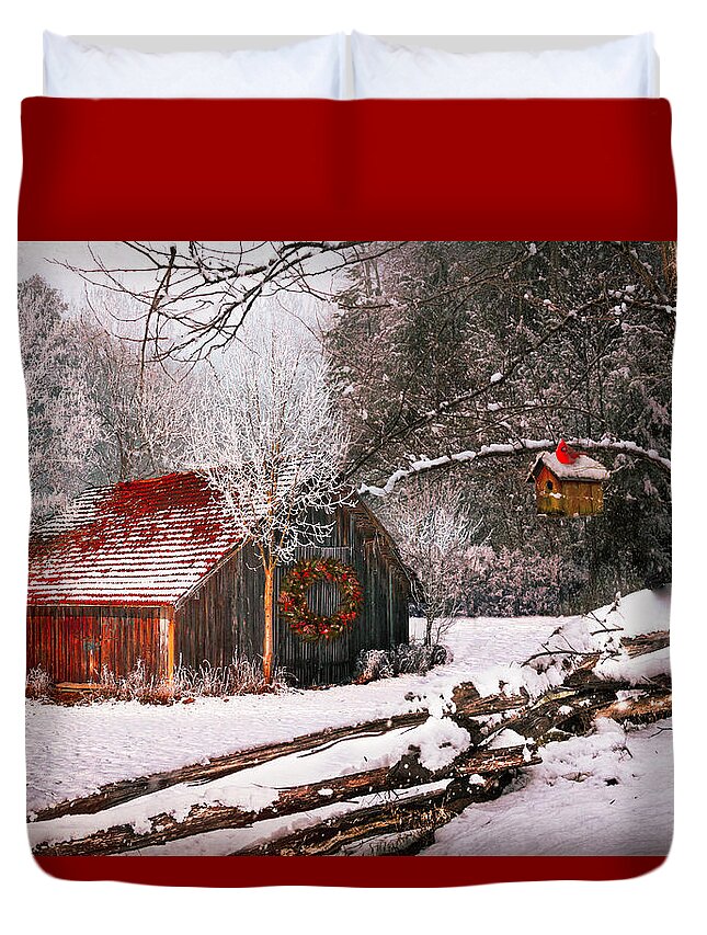 Barn Duvet Cover featuring the photograph Sunset Barn in the Snow by Debra and Dave Vanderlaan