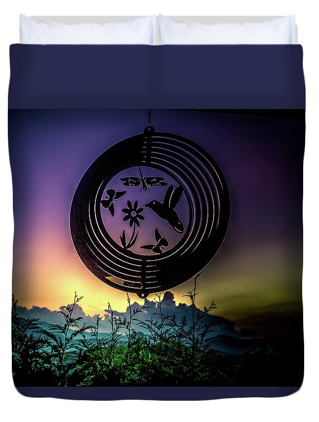 Windchime Duvet Cover featuring the photograph Sunset Behind Windchime by Demetrai Johnson