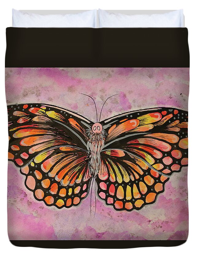 Orange Duvet Cover featuring the painting Sunset Butterfly by Kathy Pope