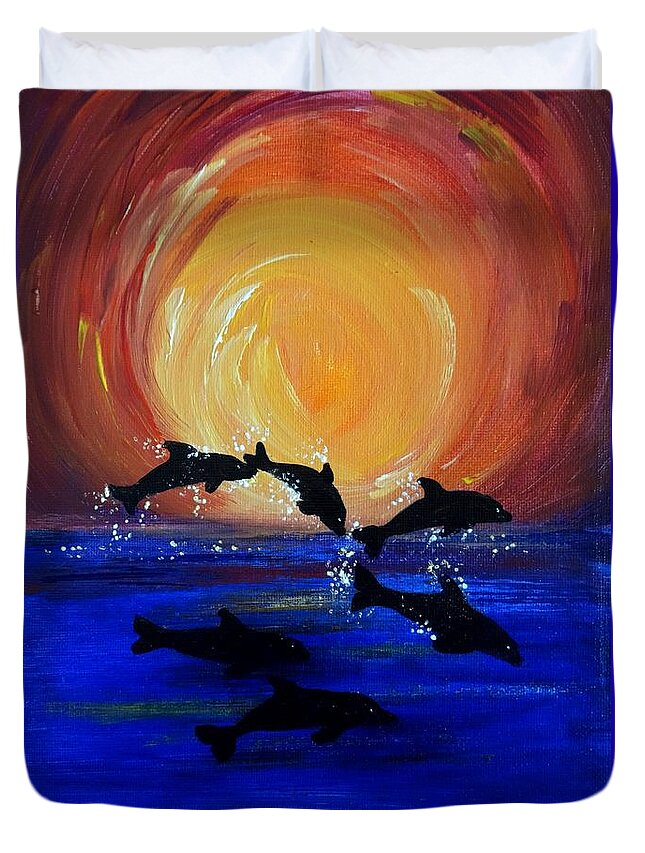 Dolphins Duvet Cover featuring the painting Sunset Frolics by Karen Jane Jones