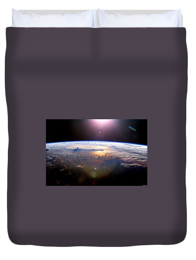 Sunset From Iss Duvet Cover featuring the photograph Sunset from ISS Enhanced by Weston Westmoreland