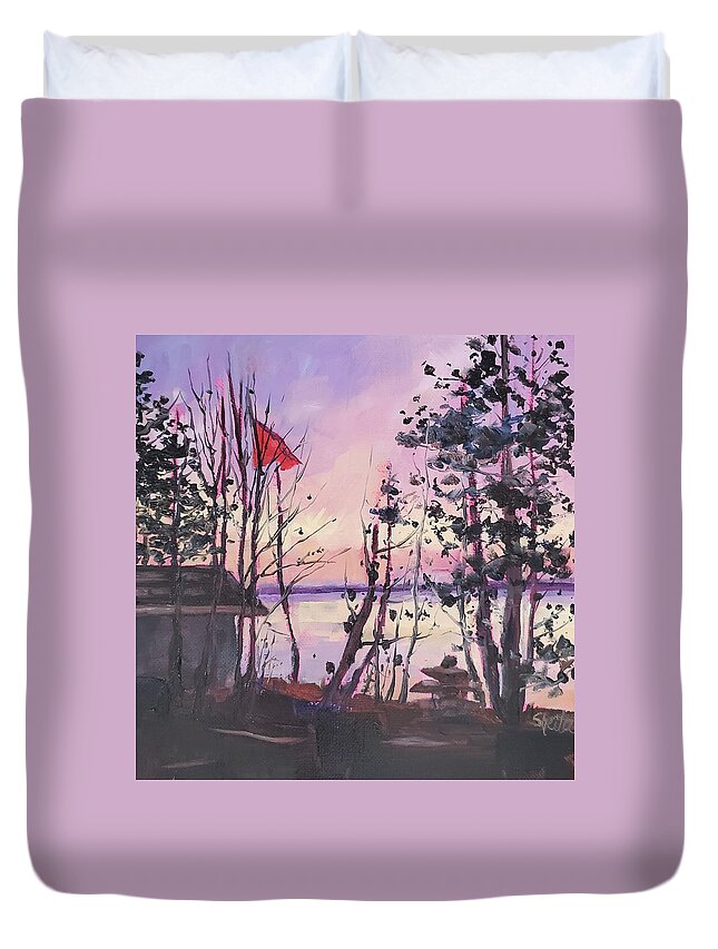 Landscape Duvet Cover featuring the painting Sunset Lakeside by Sheila Romard