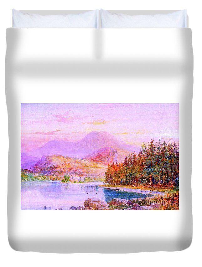 Landscape Duvet Cover featuring the painting Sunset Loch Scotland by Jane Small
