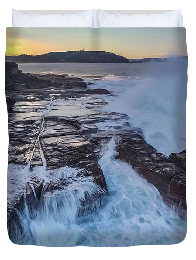 Beach; Sea; Blue; Beautiful; Nature Background; Seascape; Water; Landscape; Rocks; Cliffs; Rock Pool; Tourism; Travel; Summer; Holidays; Sea; Surf; Palm Beach Duvet Cover featuring the photograph Sunset Near Palm Beach No 5 by Andre Petrov
