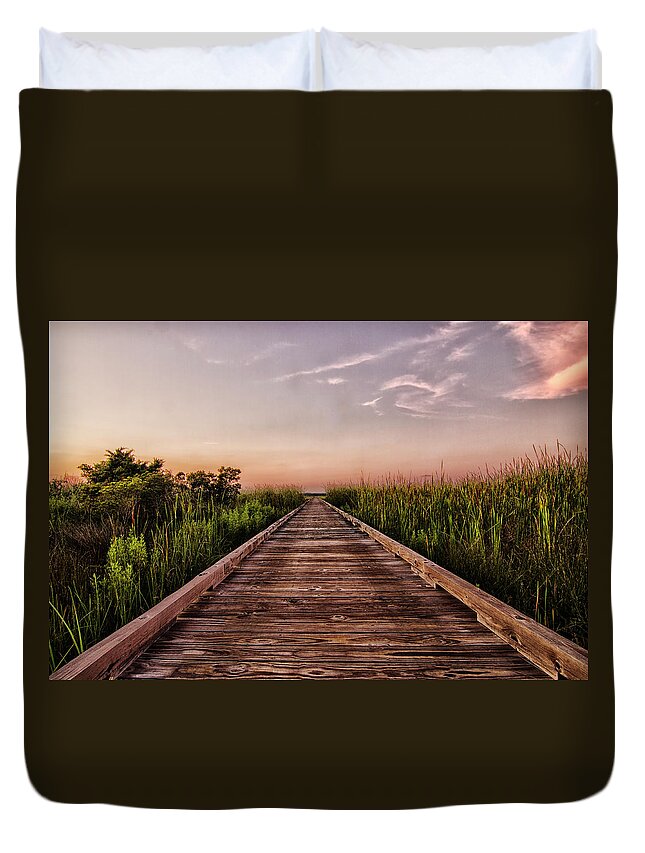 Cottages At Bay Ridge Duvet Cover featuring the photograph Sunset on a Long Dock at Bay Ridge Atlantic Beach North Carolina by Bob Decker