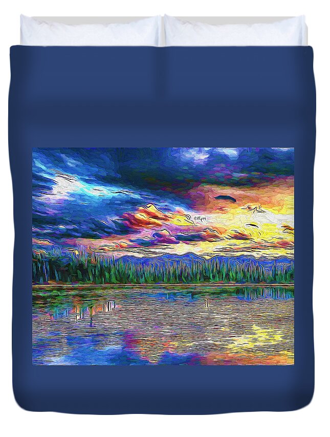 Paint Duvet Cover featuring the painting Sunset on lake 3 by Nenad Vasic