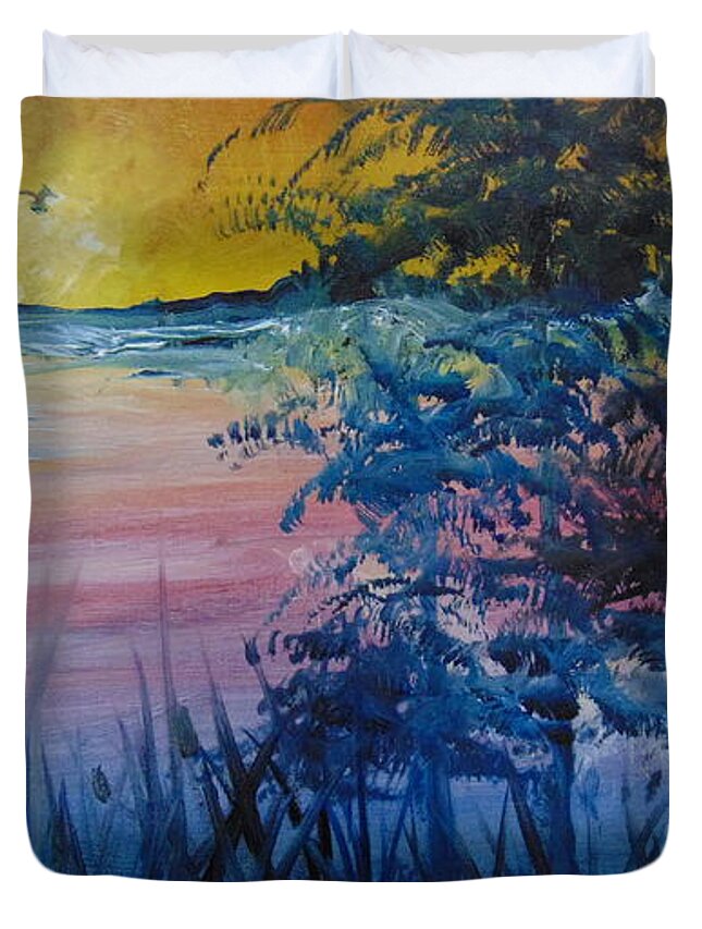 Lake Duvet Cover featuring the painting Sunset on the Lake by Saundra Johnson