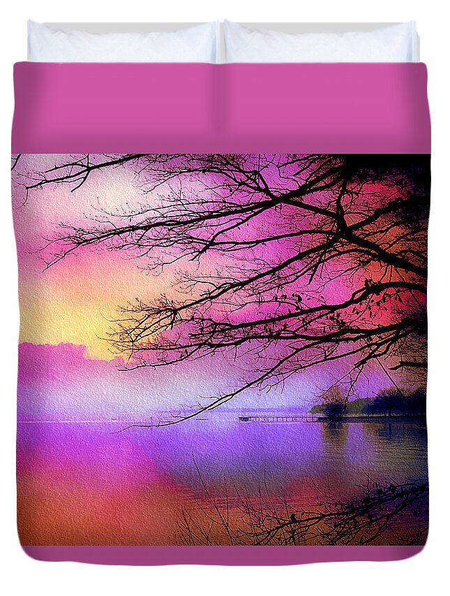 Sunset Duvet Cover featuring the mixed media Sunset on the lake by Tatiana Travelways