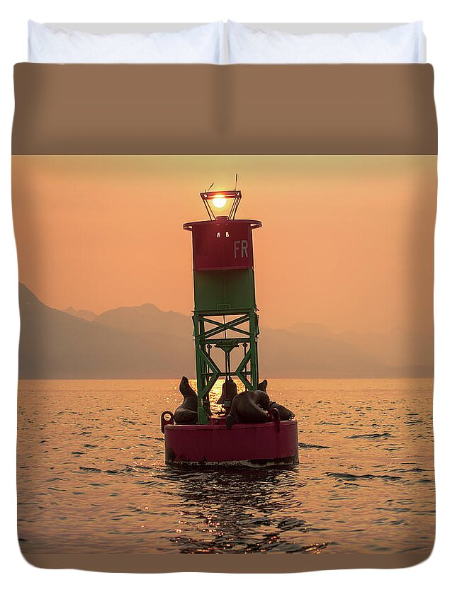 Sunset Duvet Cover featuring the photograph Sunset on the lions by David Kirby