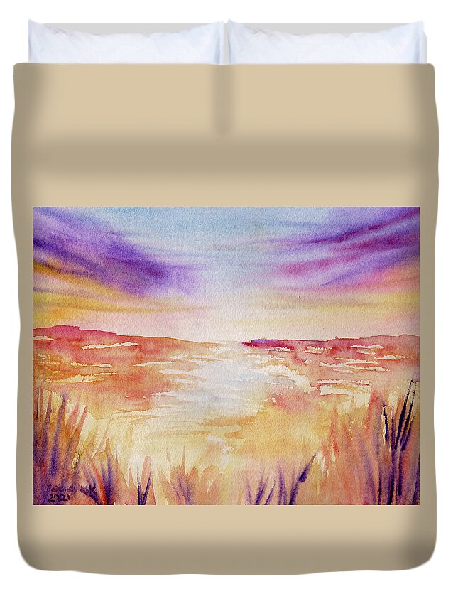 This Is A Colorful Abstract Of A Marsh At Sunset. Duvet Cover featuring the painting Sunset on the Marsh by Wendy Keeney-Kennicutt