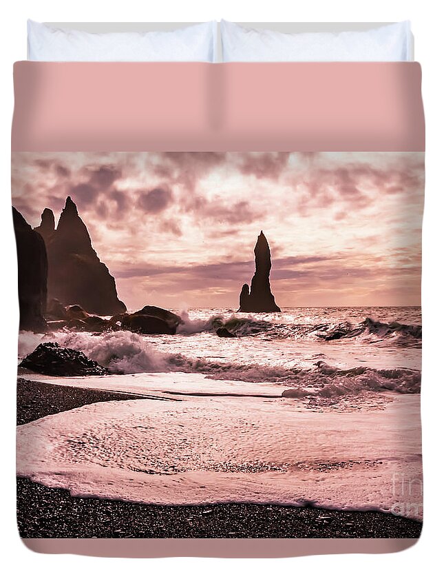 Reynisfjara Duvet Cover featuring the photograph Sunset on the Reynisfjara black sand beach, Iceland by Lyl Dil Creations