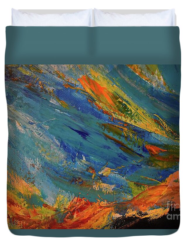Nature Duvet Cover featuring the painting Sunset over a black cliff by Leonida Arte