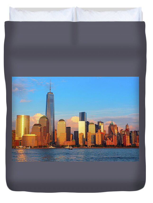 Sunset Duvet Cover featuring the photograph Sunset over downtown Manhattan with the freedom tower NYC by Habib Ayat