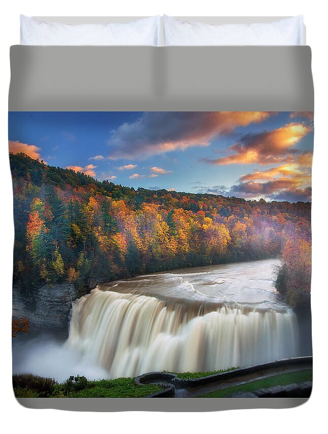 Letchworth State Park Duvet Cover featuring the photograph Sunset over Middle Falls by Mark Papke