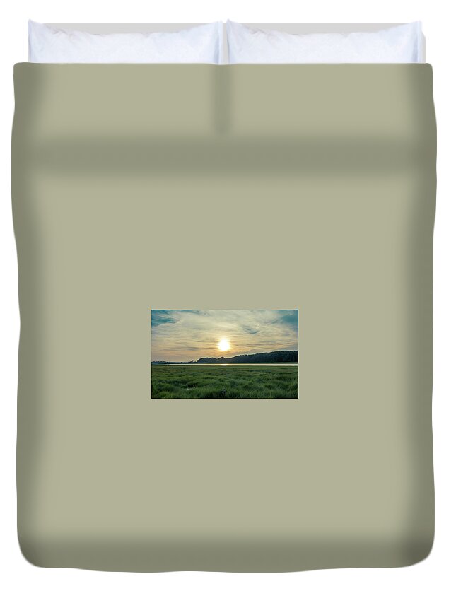 Sunset Over The Marsh Fields Duvet Cover featuring the photograph Sunset over the marsh fields by Christina McGoran