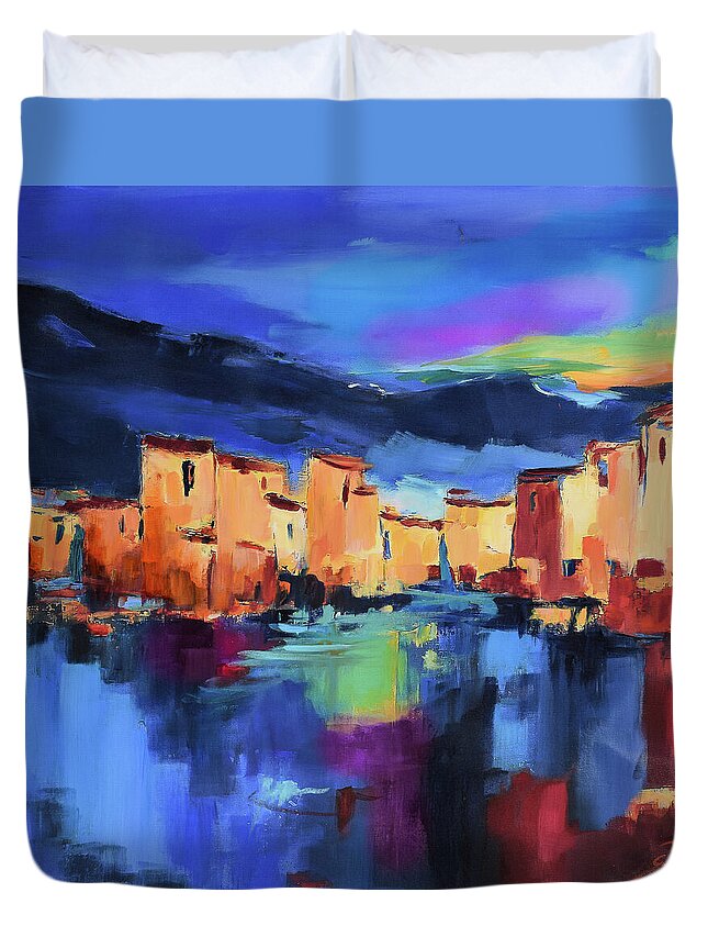 Cinque Terre Duvet Cover featuring the painting Sunset Over the Village by Elise Palmigiani