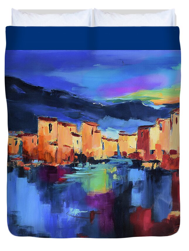 Cinque Terre Duvet Cover featuring the painting Sunset Over the Village by Elise Palmigiani