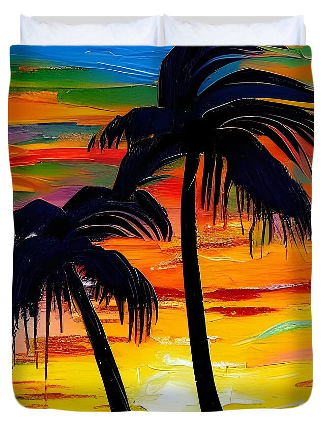 Sunset Duvet Cover featuring the digital art Sunset Palms by Katrina Gunn
