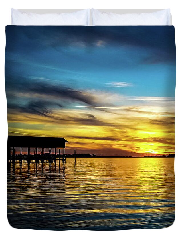 Sunset Duvet Cover featuring the photograph Sunset Reflection on Perdido Bay by Beachtown Views