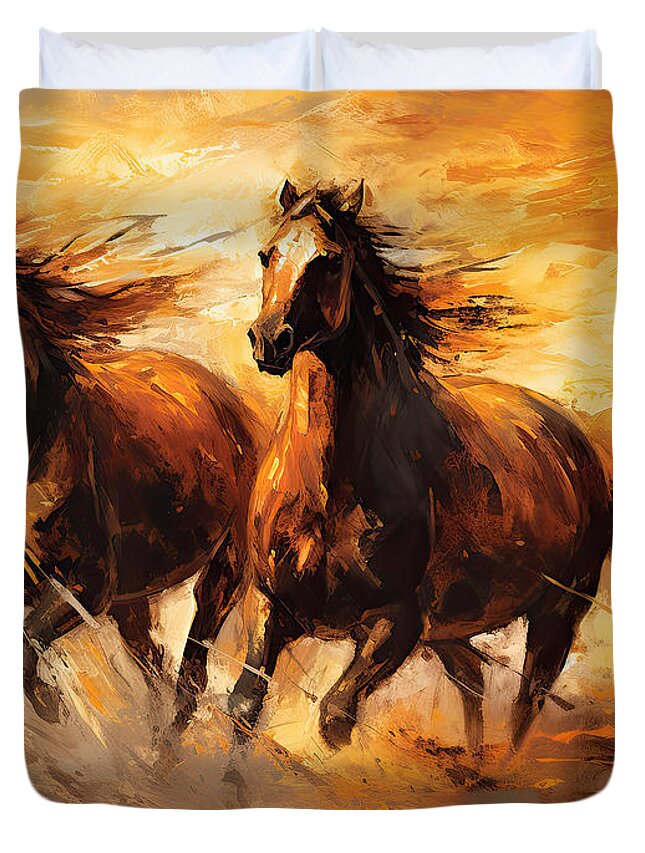 Horse Racing Art Duvet Cover featuring the painting Sunset Stride - Wild Horses in the Setting Sun by Lourry Legarde