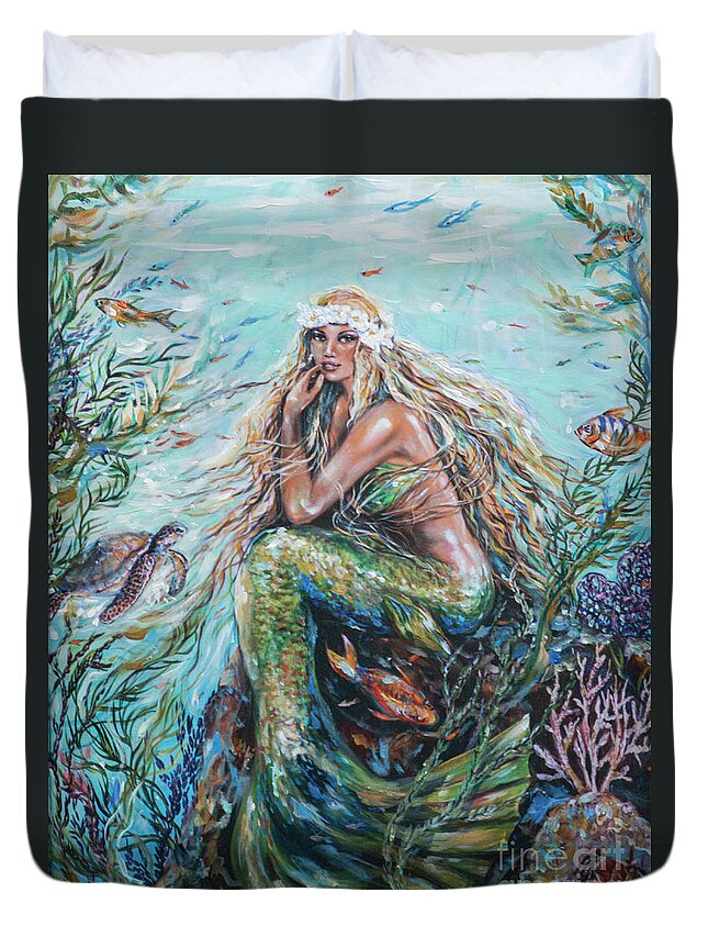 Mermaid Duvet Cover featuring the painting Sunshine Mermaid Study by Linda Olsen