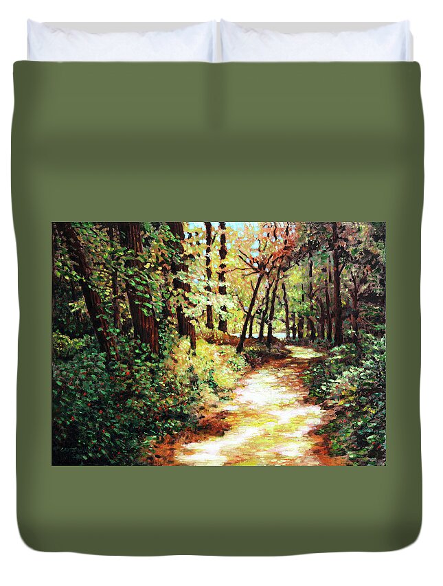 Woods Duvet Cover featuring the painting Sunspots on the Path Home by John Lautermilch