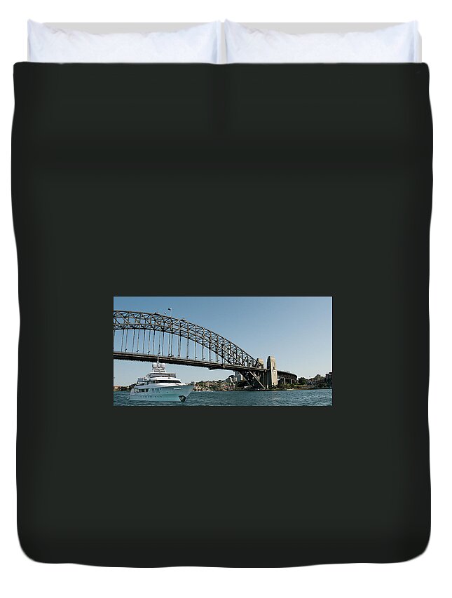 Motor Yacht Duvet Cover featuring the photograph Super luxury 45mtr motor yacht passing under Sydney Harbour Brid by Geoff Childs