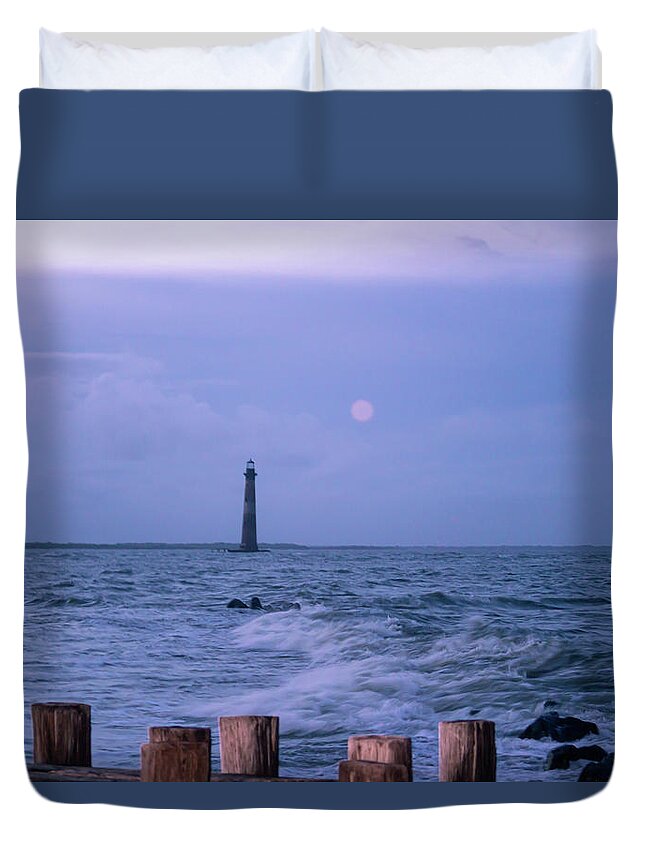 Lighthouse Duvet Cover featuring the photograph Super Moon over Morris Island Lighthouse by Cindy Robinson