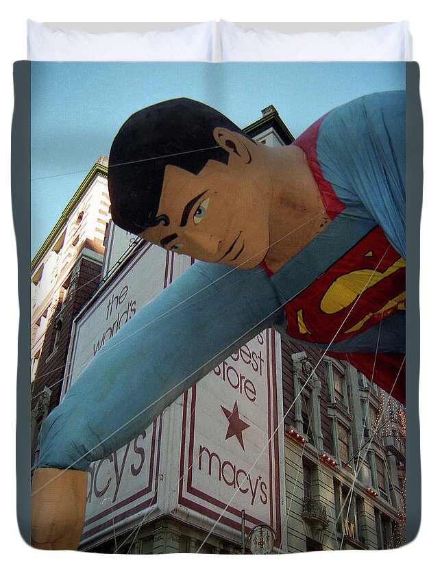 Thanksgiving Duvet Cover featuring the photograph Superman Balloon up-close by Steven Spak