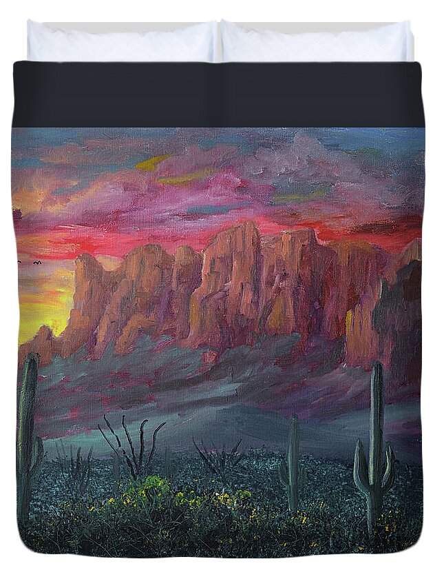 Superstition Mountains Duvet Cover featuring the painting Superstition Mountains Sunrise by Chance Kafka