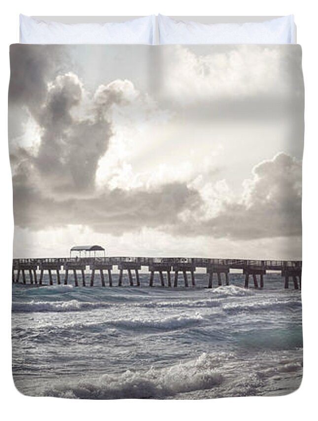 Clouds Duvet Cover featuring the photograph Surfer on the Beach Panorama by Debra and Dave Vanderlaan