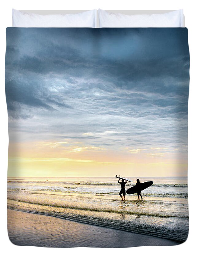 Surfer Duvet Cover featuring the photograph Surfers Folly Beach South Carolina by Jordan Hill