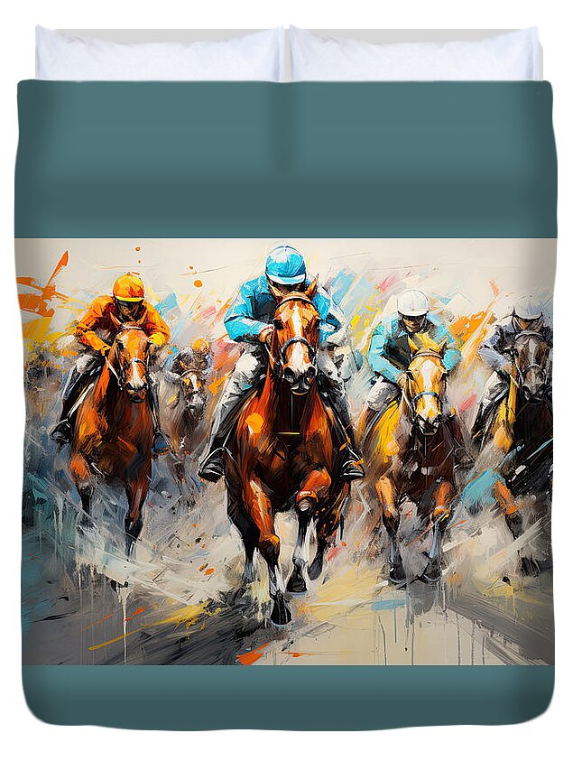 Horse Racing Duvet Cover featuring the painting Surge of Excitement by Lourry Legarde