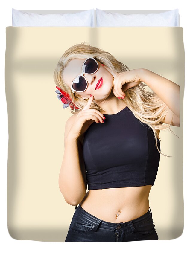 Girl Duvet Cover featuring the photograph Surprised pinup woman isolated on studio backgrond by Jorgo Photography