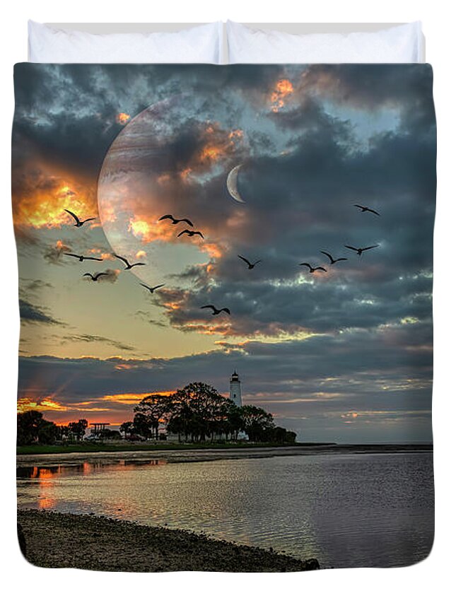 Sunrises Duvet Cover featuring the photograph Surreal Lighthouse Sunrise by DB Hayes