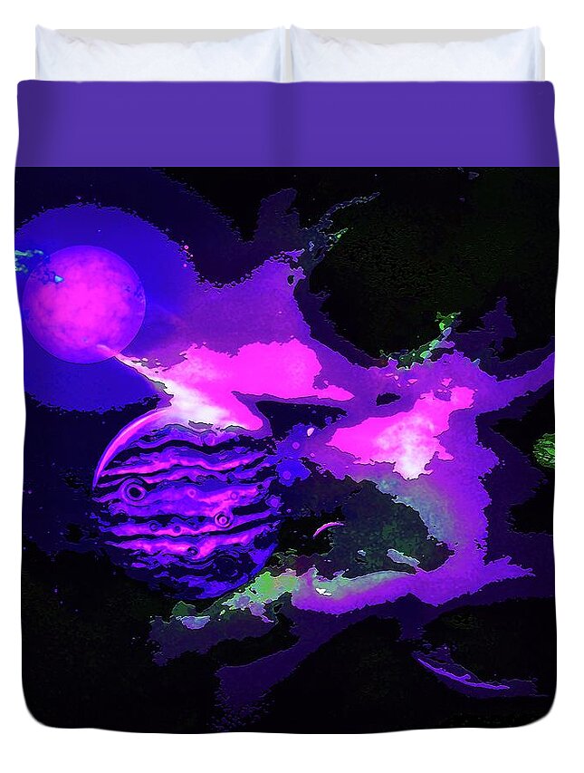  Duvet Cover featuring the digital art Surreal Planets and Clouds in Space by Don White Artdreamer