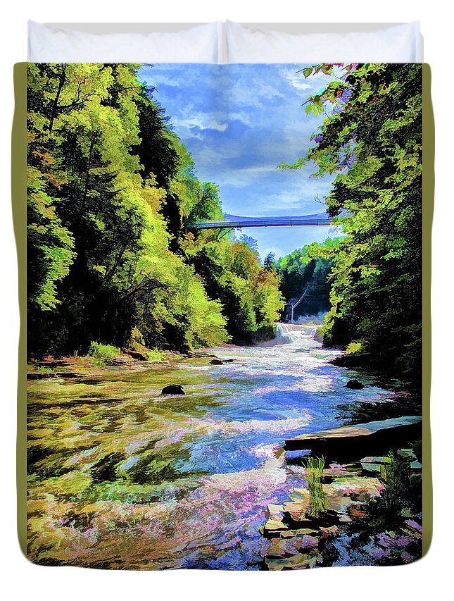 Impressionist Duvet Cover featuring the photograph Suspension Bridge at Cornell by Monroe Payne