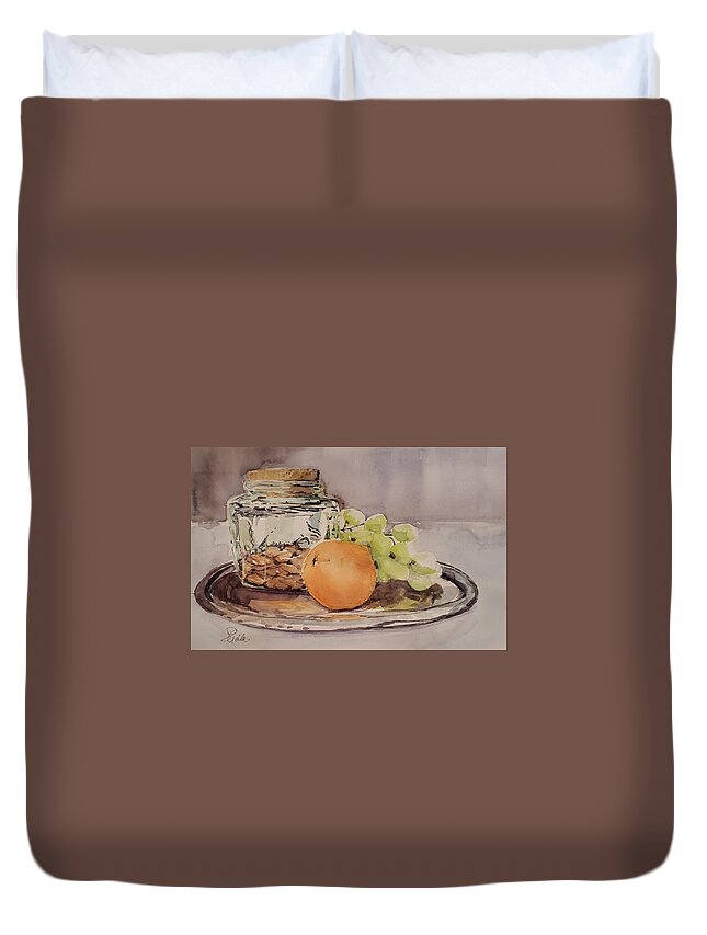 Still Life Duvet Cover featuring the painting Sustenance on a Silver Platter by Sheila Romard