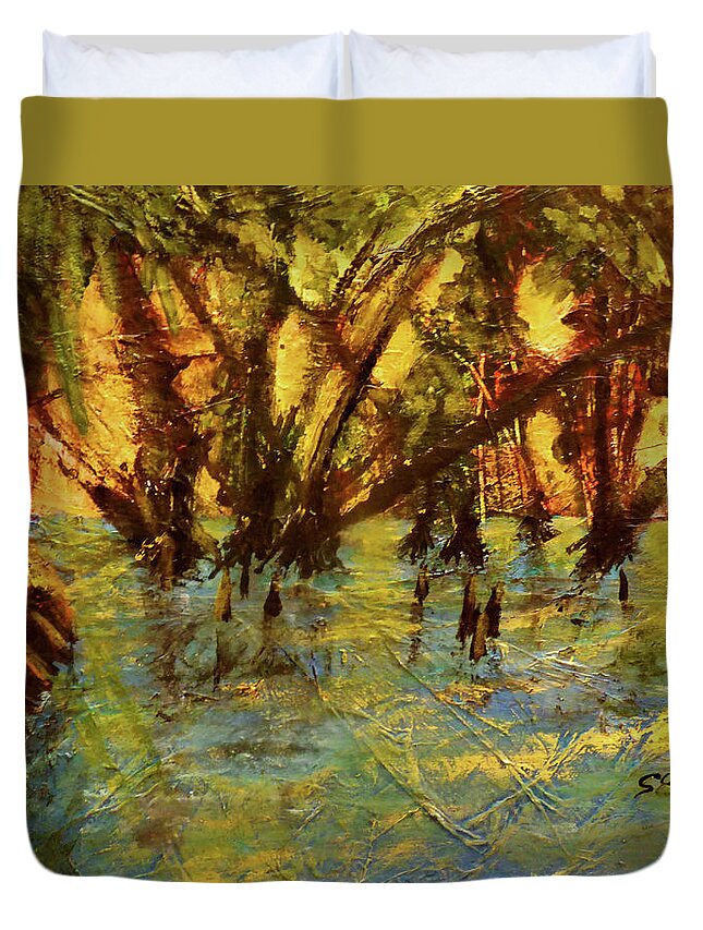 Landscape Duvet Cover featuring the painting Swamp Gold by Sharon Williams Eng