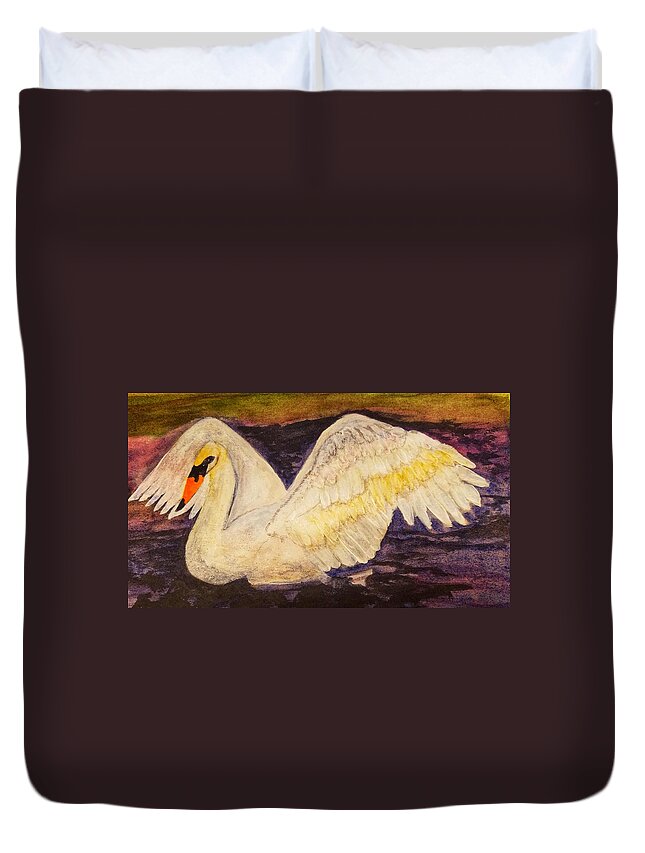 Swan Duvet Cover featuring the painting Swan At Dusk by Shady Lane Studios-Karen Howard
